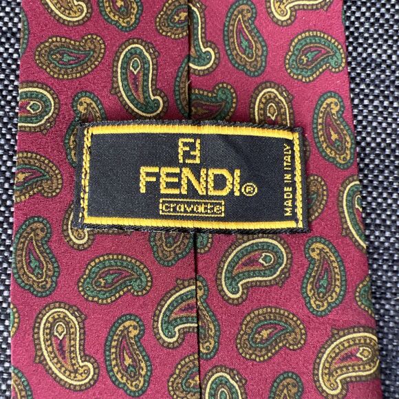 Vintage Fendi Silk Neck Tie Paisley Red Green Made in Italy - Picture 1 of 7